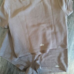 ALO Yoga Taupe Waffle Knit Pajama Set - Short Sleeve Top & Shorts